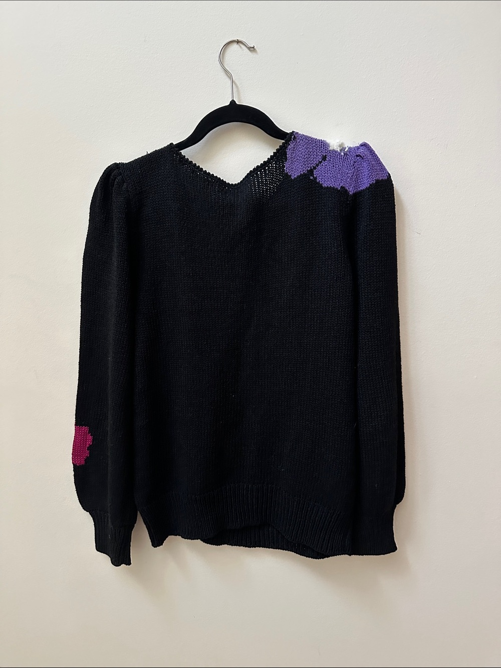 Black Floral Knit Sweater - Puff Sleeve Women’s Sweater - Picture 2 of 5